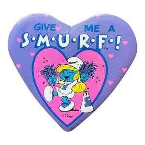 Heart Smurfette pin Vintage Peyo 80s Give me a Smurf pin Heart shaped pin purple